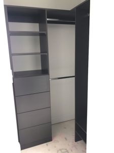 Built-In-Wardrobe-Laminex-Battalion-Colour-Board-Shelving-Bank-of-Drawers-Chrome-Hanging-Rods-3