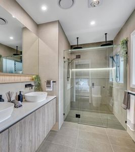 ShowerScreens_10mm_Hinged_GunmetalGreyHardware_HeaderBrace_FrontCornerGusset_ShavingCabinets_Recessed_EvocaHomes