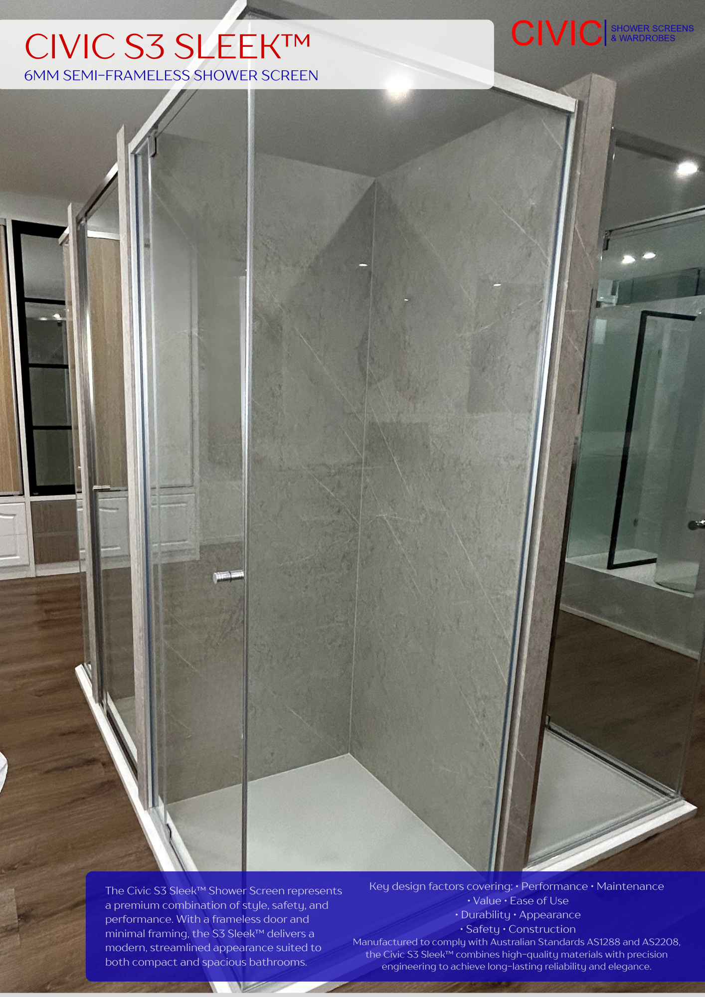 S3 Sleek: 6mm Semi-Frameless Shower Screen